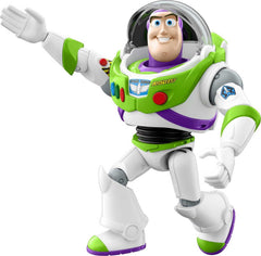 Mattel Buzz Lightyear action figure chest button triggers 30+ phrases for immersive play.