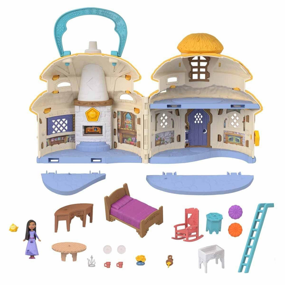 Opened cottage reveals two stories and furniture for storytelling adventures.