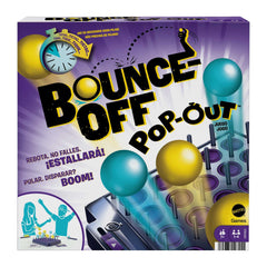 Mattel Games Bounce-Off Pop-Out shows colorful balls bouncing into the grid for fast pattern matching.