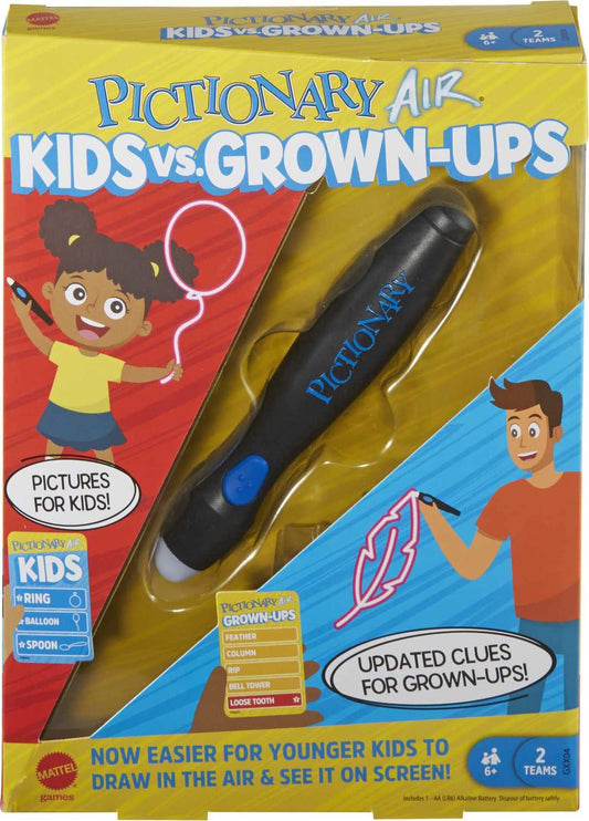 Mattel Games Pictionary Air shows air-drawn clues on screen for lively family fun.