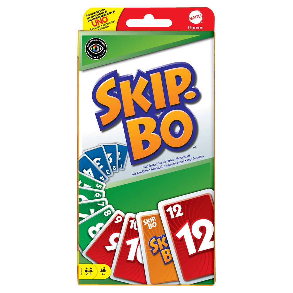 Mattel Games Skip-Bo packaging on shelf highlighting family-friendly game night.