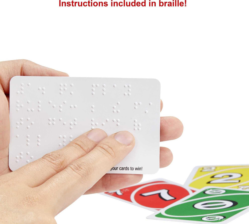 Audible braille instructions for Mattel UNO Braille guide setup and play