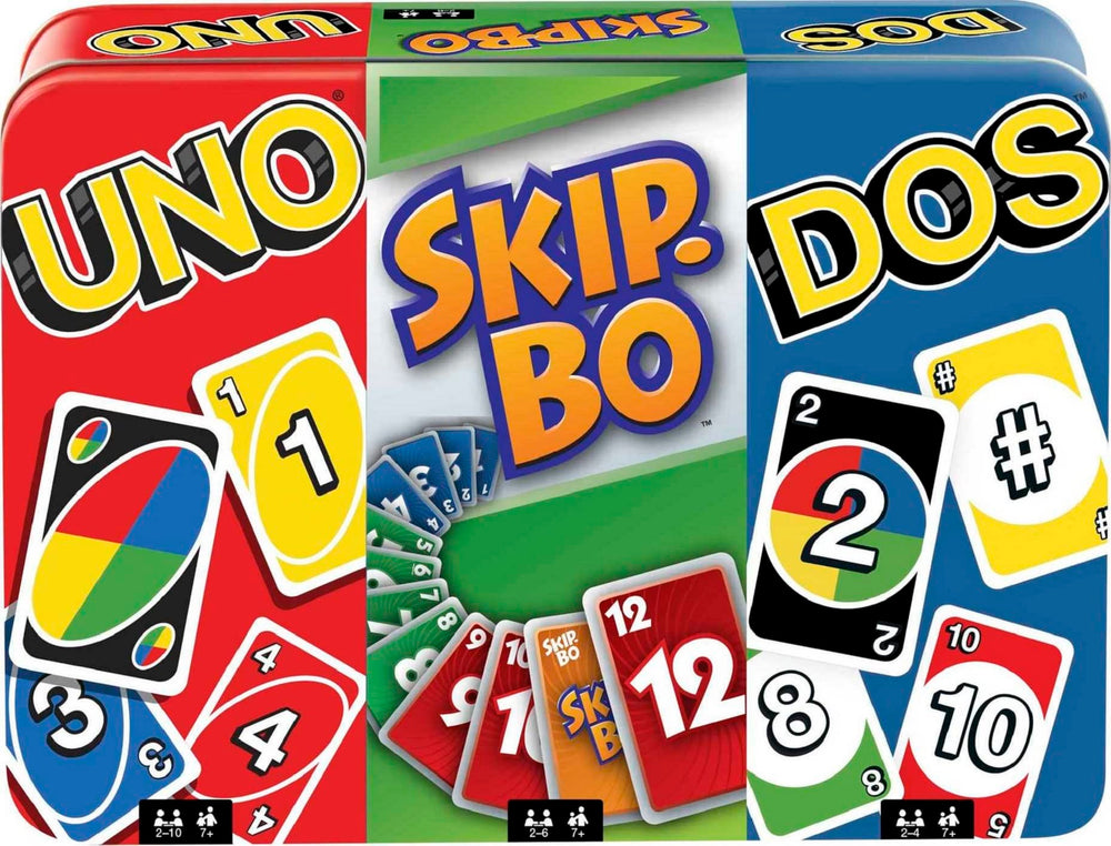Mattel Games UNO card deck in travel tin for on-the-go game nights.