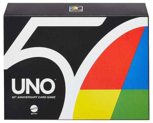 Mattel Games UNO Premium 50th Edition box shown with deluxe packaging for a premium game night.