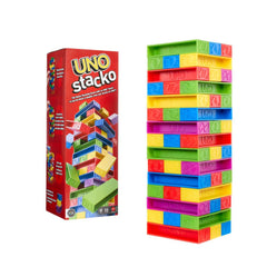 Close-up of colorful UNO Stacko blocks highlighting colors
