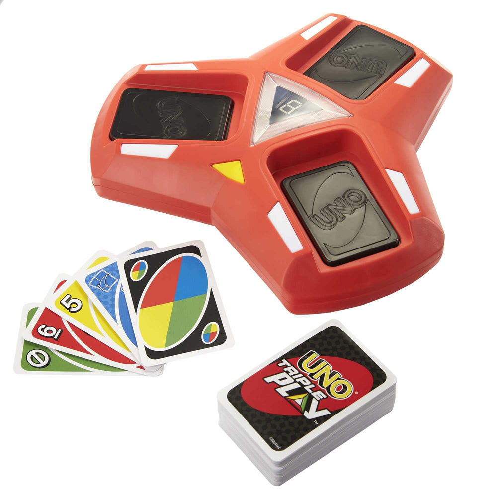 UNO Triple Play three-discard-piles LED lights guide players to valid turns.