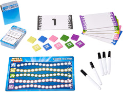 Mattel Games Wits & Wagers Family Edition dry erase boards simplify quick scorekeeping.