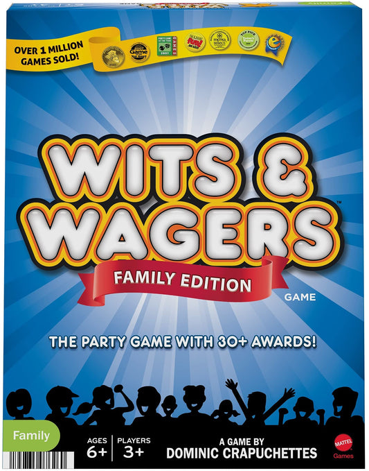 Mattel Games Wits & Wagers Family Edition game play setup for fast family fun.