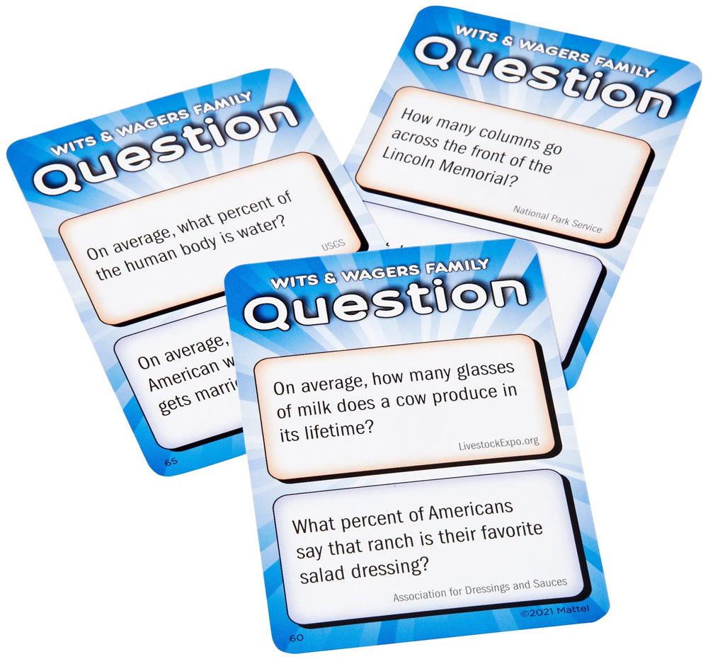 Mattel Games Wits & Wagers Family Edition question cards deliver family-friendly, playful prompts.