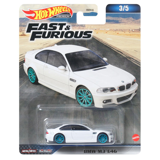 Mattel Hot Wheels HNW52 BMW M3 E46 front view with white body and green wheels for racing realism.