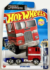 Mattel Hot Wheels Optimus Prime red and blue die-cast vehicle, ideal for display or play.