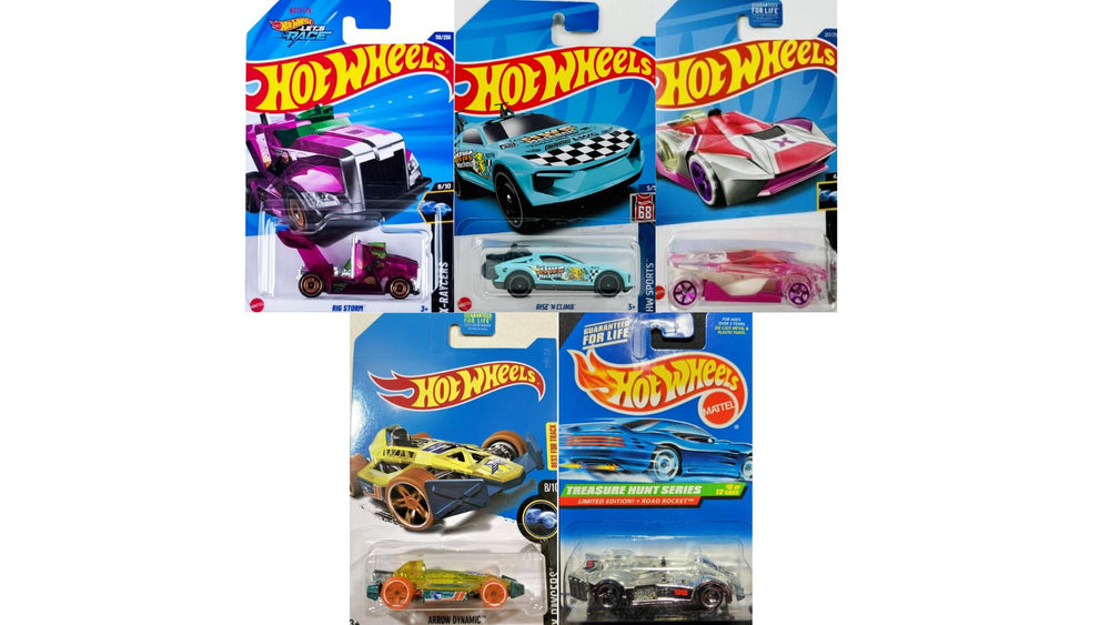 Mattel Hot Wheels Treasure Hunt 5-Pack cars ready for display.