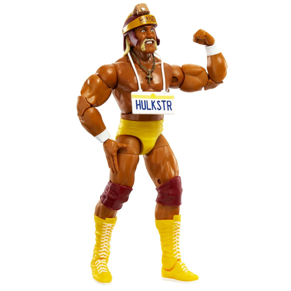 Mattel Hulk Hogan Elite figure articulation close-up highlights lifelike posing options.