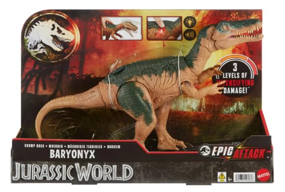 Mattel Jurassic World Baryonyx Epic Attack figure features chomping action for dynamic battles.