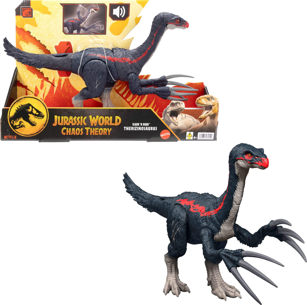 Mattel Jurassic World Chaos Theory Therizinosaurus figure inspires imaginative battles.