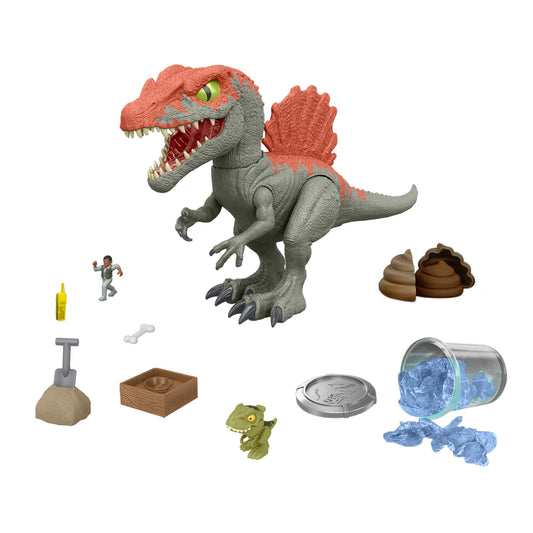 Mattel Jurassic World Crushivores Spinosaurus figure in action for imaginative play