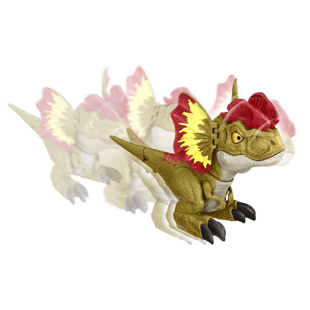 Mattel Jurassic World Dilophosaurus image promotes kid-friendly pretend play sets.