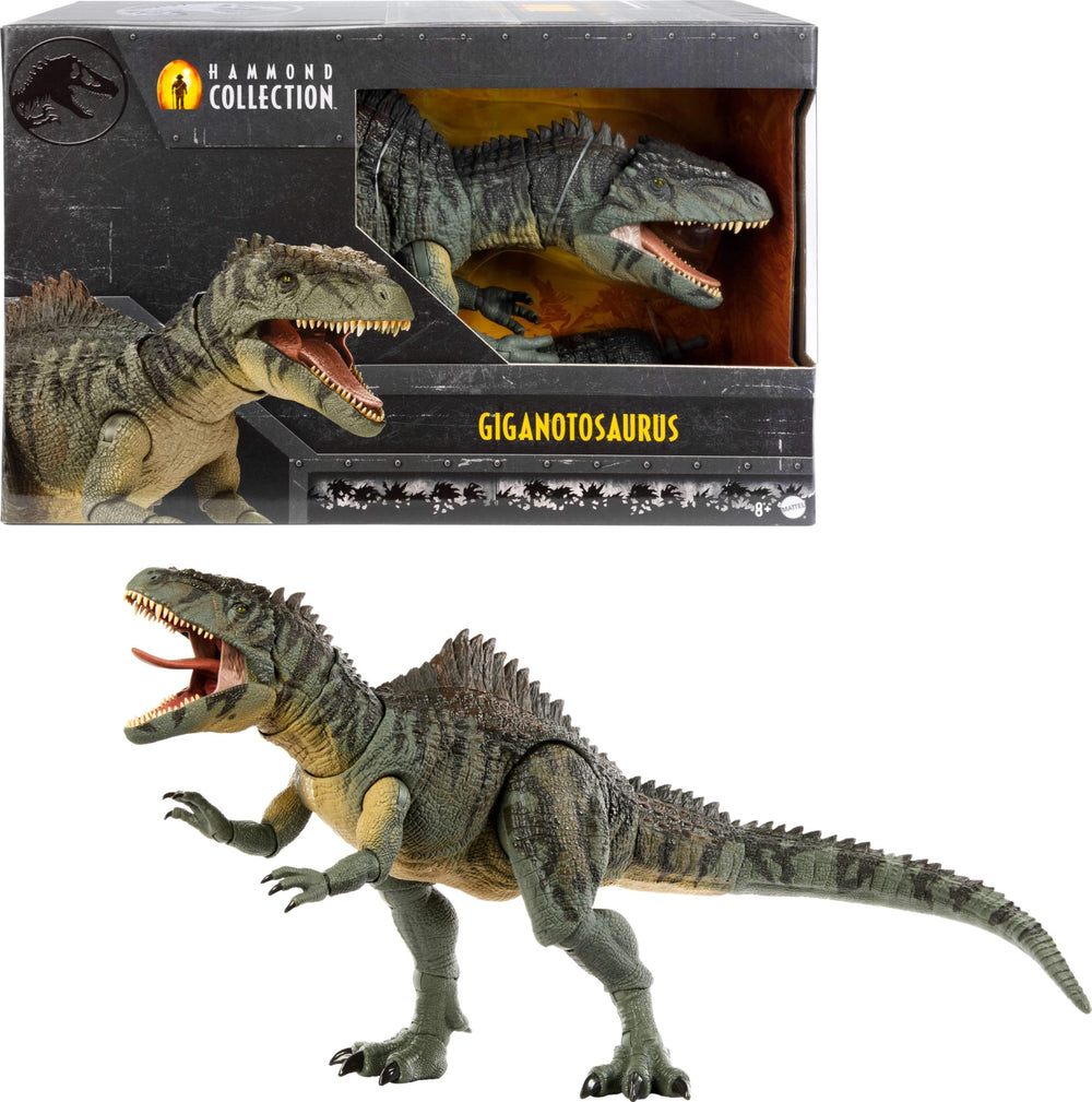 Mattel Jurassic World Dominion Giganotosaurus figure with 21 articulations for dynamic posing.