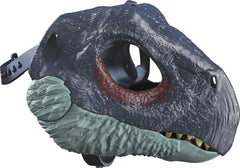 Mattel Jurassic World Dominion Therizinosaurus mask features secure strap for comfortable wear.