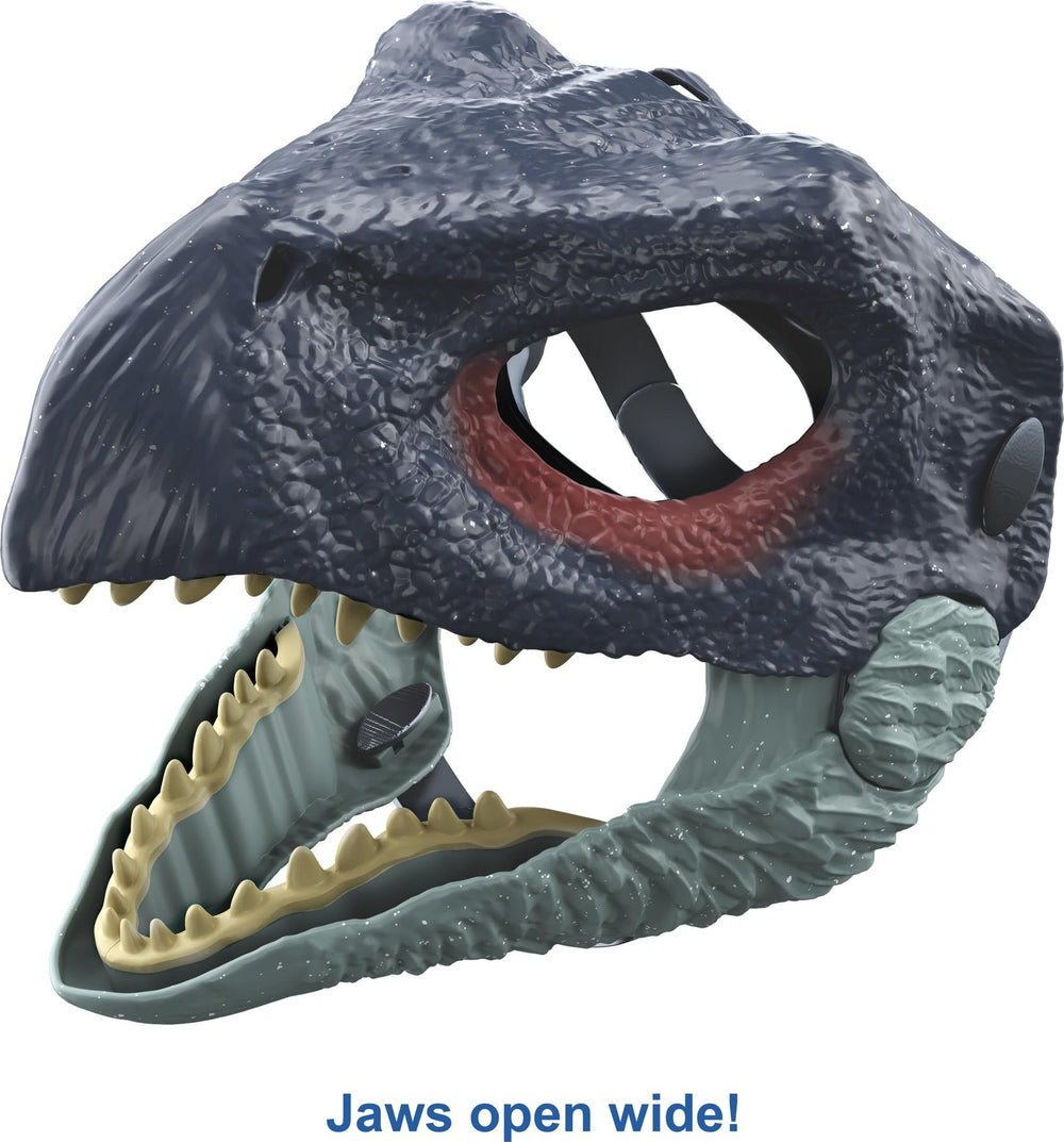 Mattel Jurassic World Dominion Therizinosaurus mask shows textured skin for lifelike pretend adventures.