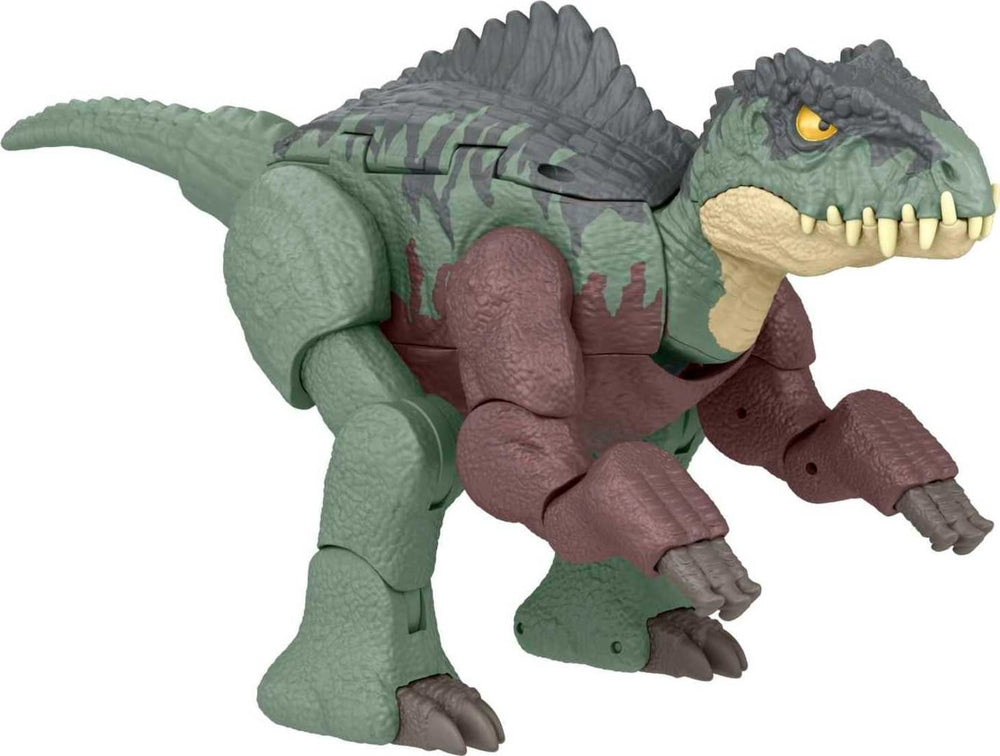 Mattel Jurassic World Fierce Changers Nasutoceratops to Giganotosaurus in 16-step transformation close-up.