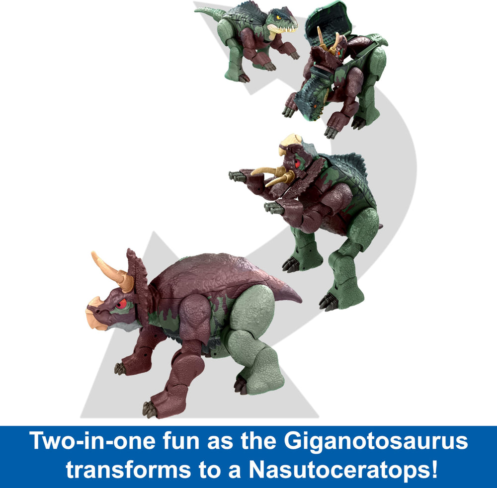 Mattel Jurassic World Fierce Changers figure expanding from Nasutoceratops to Giganotosaurus.