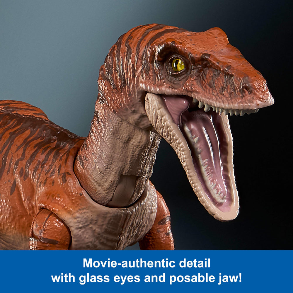 Mattel Jurassic World Hammond Atrociraptor Tiger 13-point articulation for pose variety.