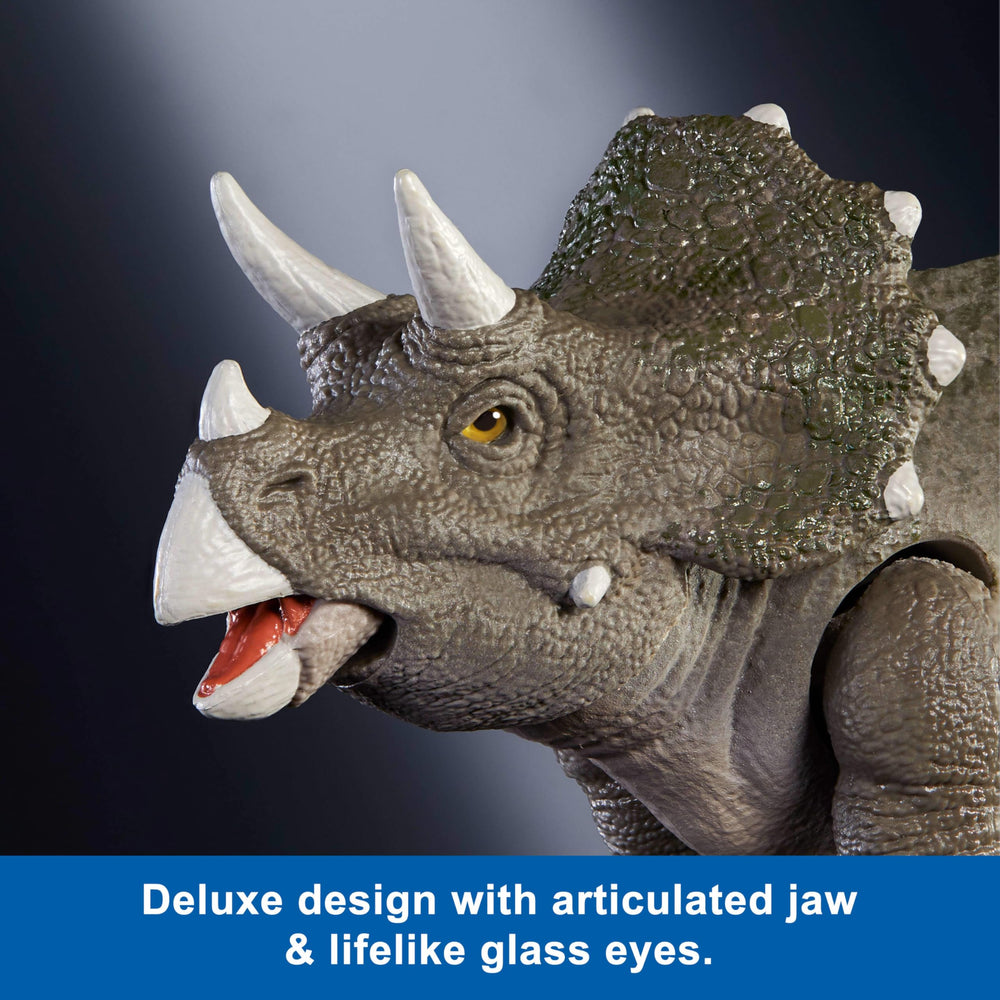 Removable tail feature for varied display options of the Hammond Triceratops.