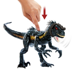 Mattel Jurassic World Indoraptor glowing red eyes create dramatic effect.