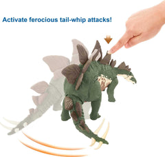 Mattel Jurassic World Mega Destroyers Stegosaurus shows movable joints for posing and dynamic battles.