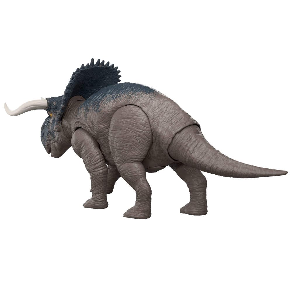 Mattel Nasutoceratops battle-direction change enables dynamic chase sequences.