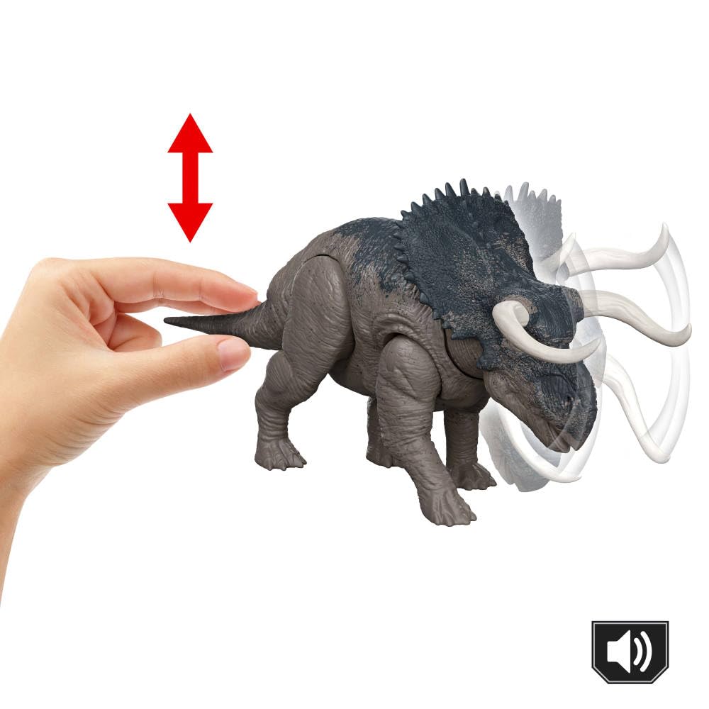 Mattel Nasutoceratops movable joints enable lifelike poses.