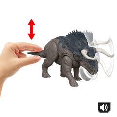 Mattel Nasutoceratops movable joints enable lifelike poses.