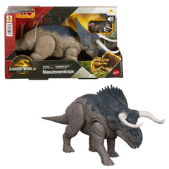 Mattel Jurassic World Nasutoceratops tail-attack in action boosts imaginative battle play.