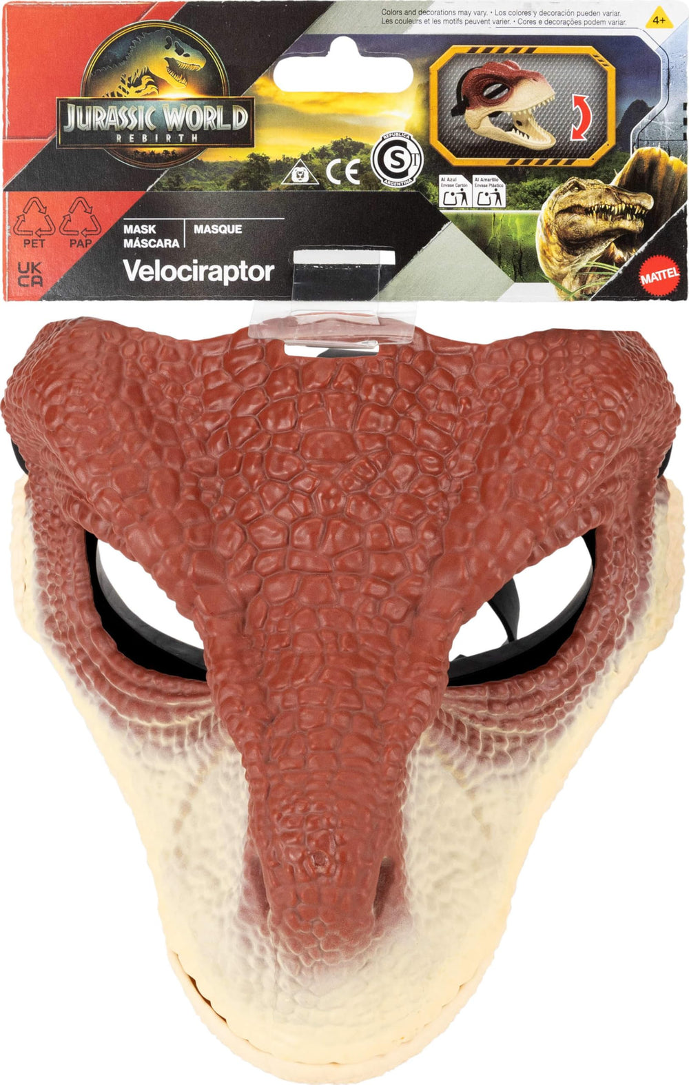 Mattel Jurassic World Rebirth Raptor mask adjustable strap ensures secure fit.