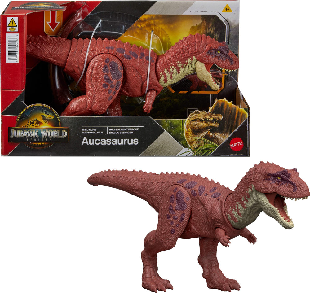 Mattel Jurassic World Rebirth Aucasaurus chomp action in motion for dynamic battles.