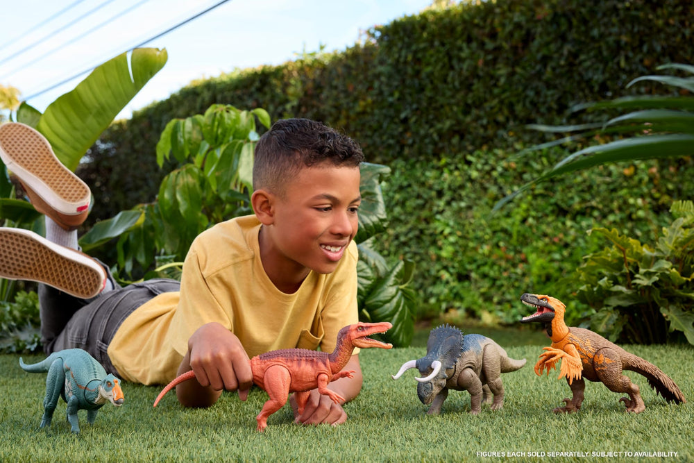 Mattel Jurassic World Rebirth Aucasaurus tail control changes chomp direction.