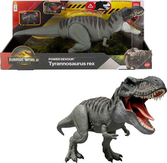 Mattel Jurassic World Rebirth Power Devour T. rex chomping action for dynamic play