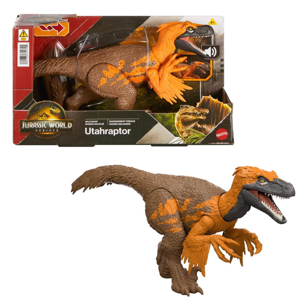 Mattel Jurassic World Rebirth Utahraptor attacks with tail motion for action play.