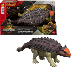 Mattel Jurassic World Wild Roar Ankylosaurus in attack pose for dramatic battle scenes.