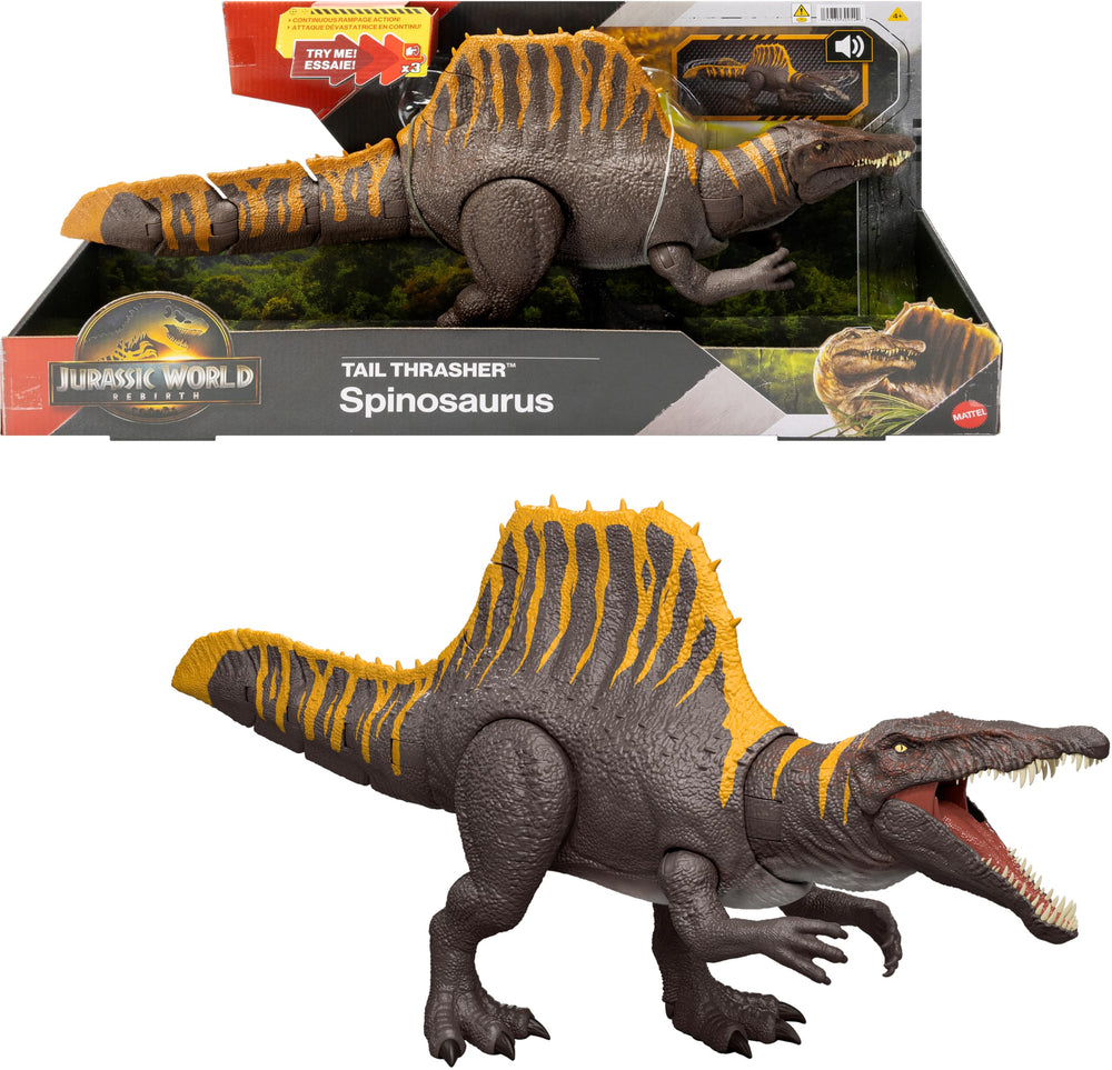 Mattel Jurassic World Tail Thrasher Spinosaurus demonstrating tail swipe action