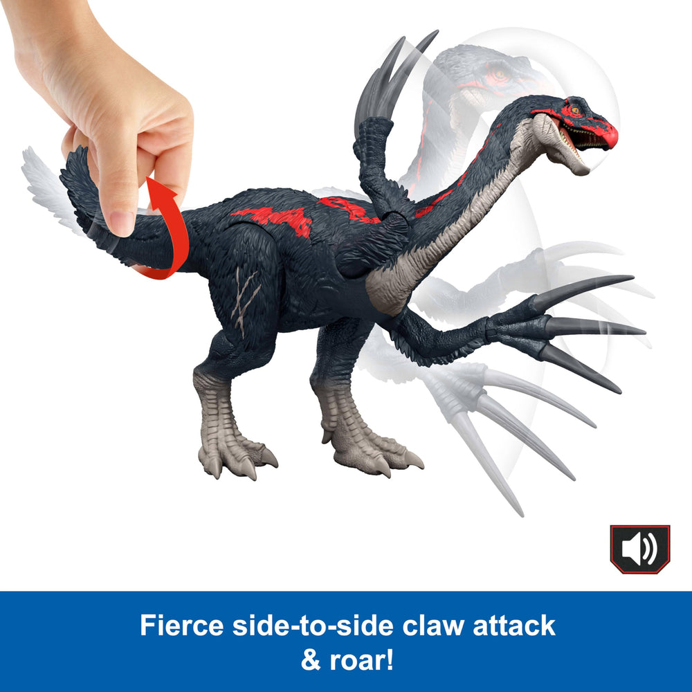 Mattel Jurassic World Therizinosaurus jaw opens with roaring sounds for realism.