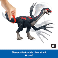Mattel Jurassic World Therizinosaurus jaw opens with roaring sounds for realism.