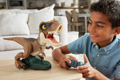 Mattel Jurassic World T. Rex chomping and roaring action shows dynamic chomps and roars.