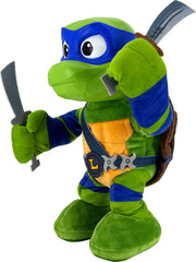 Mattel Leonardo TMNT plush showcases twenty or more sounds for interactive fun.
