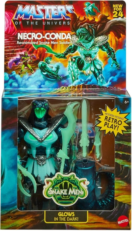 Mattel MOTU Origins Necro-Conda figure glows in the dark after light exposure for dramatic display.