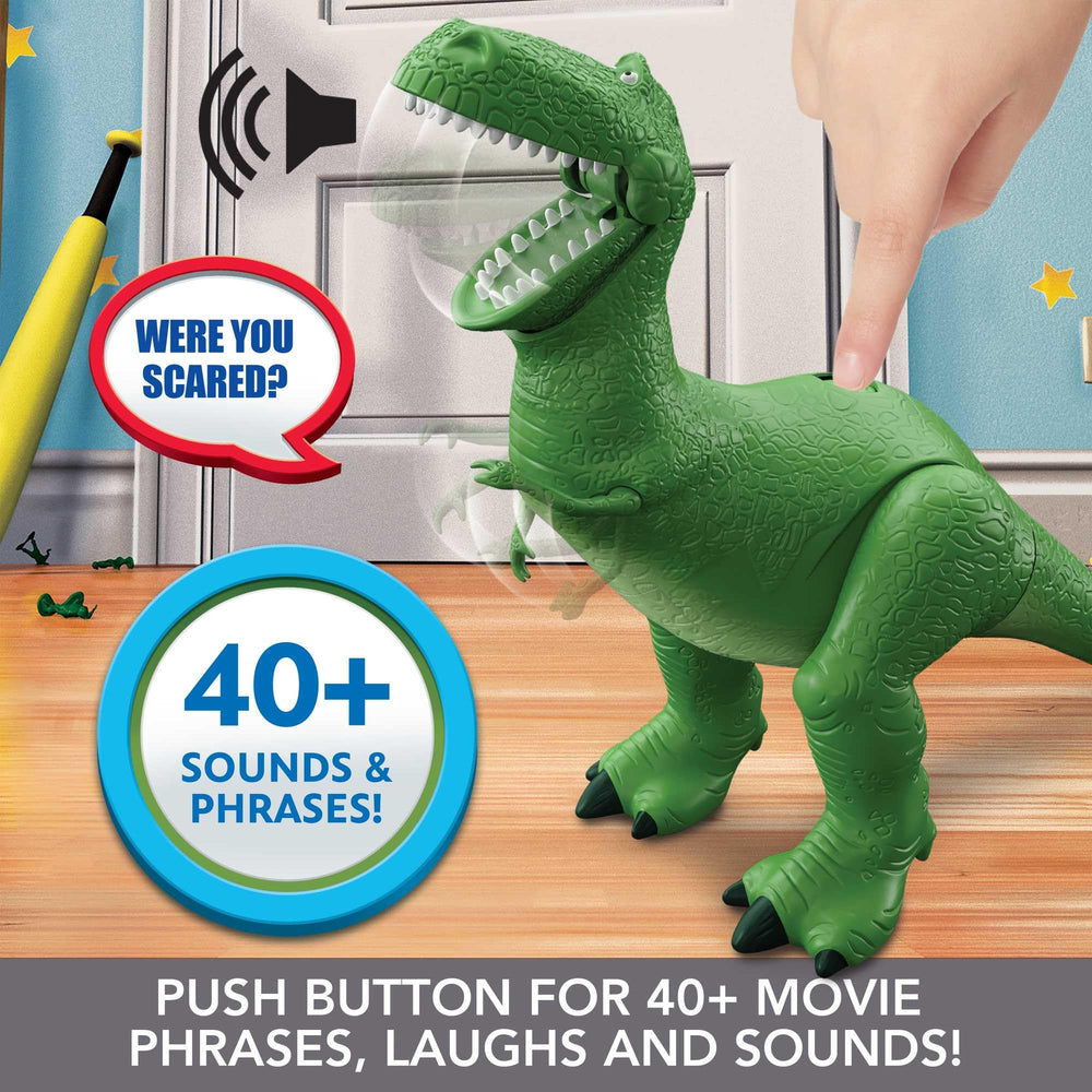 Mattel Toy Story Roarin' Laughs Rex has movable arms for dynamic posing.