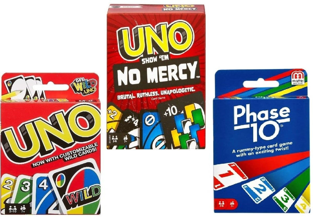 Mattel Uno No Mercy combo pack on display for a family game night