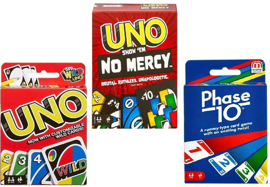Mattel Uno No Mercy combo pack on display for a family game night