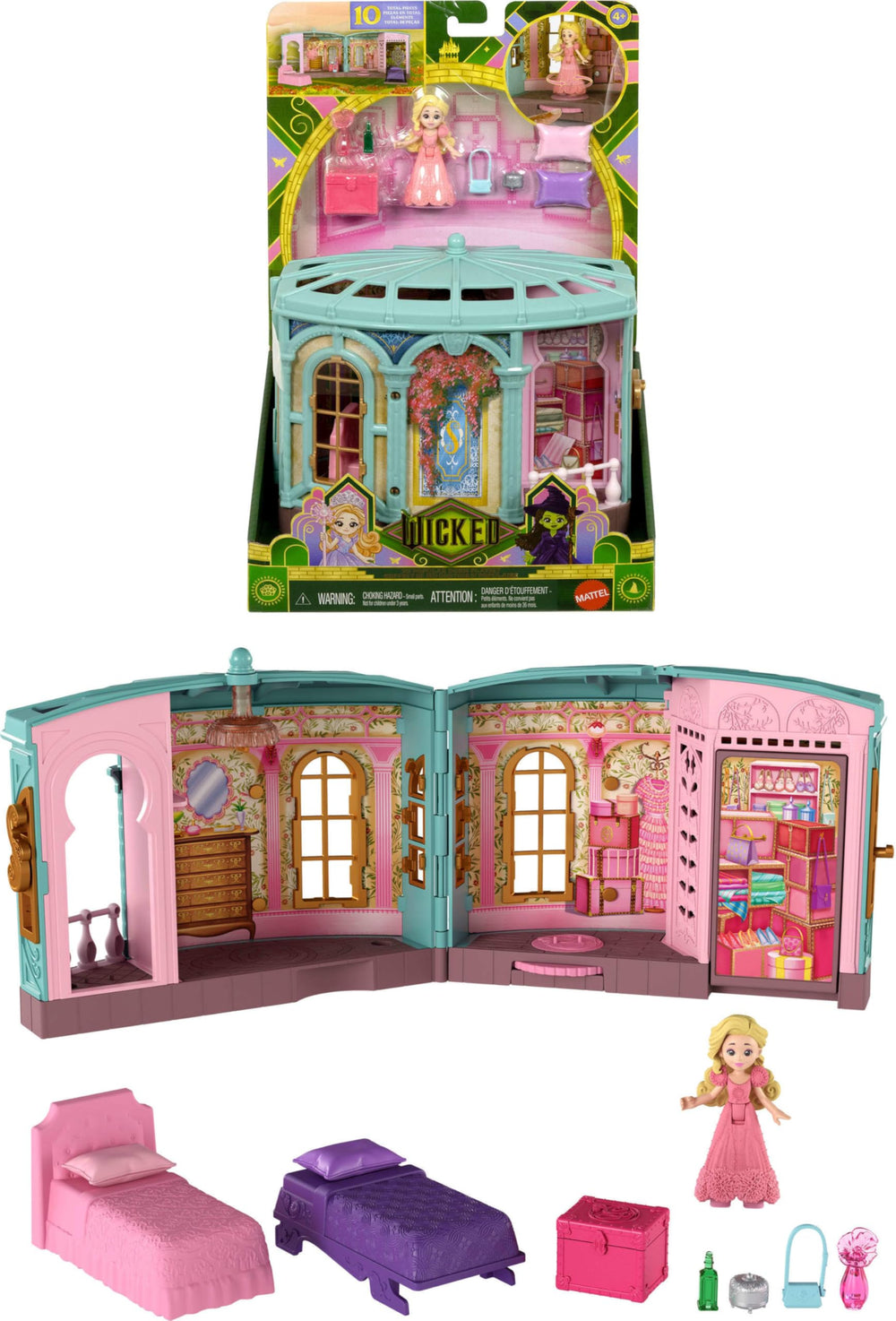 Mattel Wicked dorm playset: Glinda doll swinging from chandelier for imaginative play.